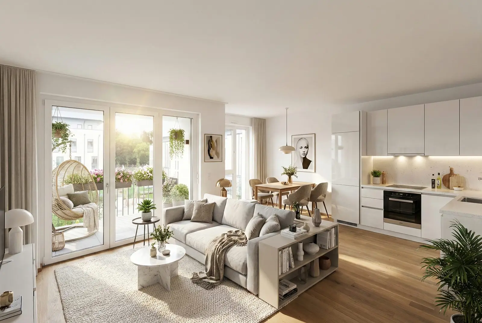 Musterwohnung Haar mit Wohnzimmer, Küche und warmen Materialien